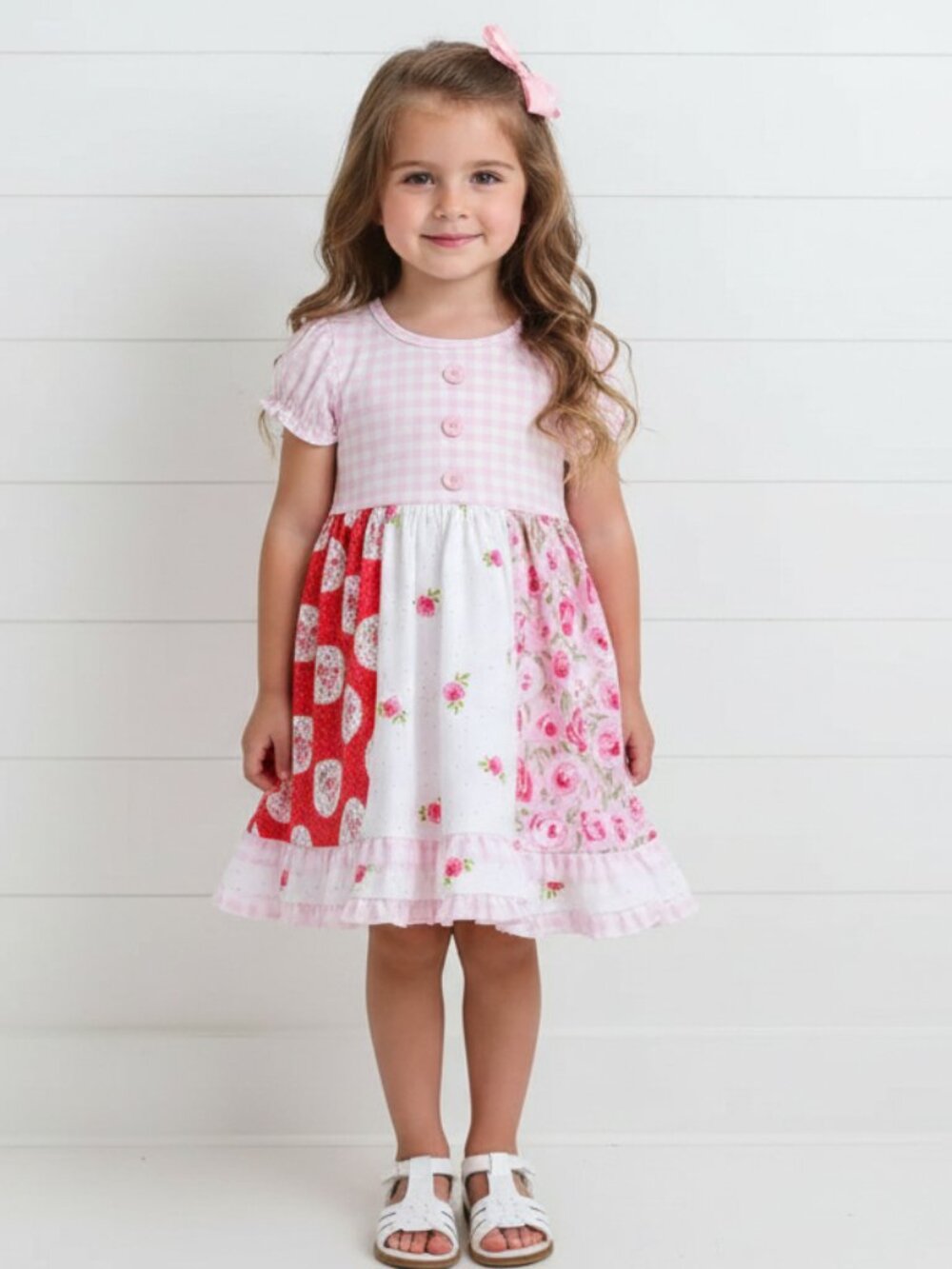 Pink Cabbage Rose Gingham Twirl Dress